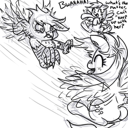 Size: 666x666 | Tagged: safe, derpy hooves, gilda, rainbow dash, griffon, g4, backwards, butt, flying, laughing, plot, scrunchy face, sketch, text