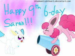 Size: 1024x768 | Tagged: safe, artist:bluemoonlightheart, pinkie pie, oc, eevee, g4, happy birthday, non-mlp oc, pokémon, species swap