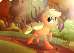 Size: 1600x1152 | Tagged: safe, artist:drawntildawn, applejack, g4, female, freckles, hat, running, running of the leaves, smiling, solo