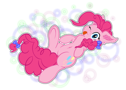 Size: 1400x1000 | Tagged: safe, artist:yooyfull, pinkie pie, g4, belly button, chest fluff, ear fluff, female, fluffy, lying, on back, solo, tongue out, wink