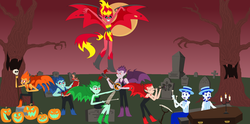 Size: 1932x958 | Tagged: safe, artist:blackrobtheruthless, flam, flim, snails, snips, sunset shimmer, demon, ghost, undead, equestria girls, g4, graveyard, halloween, holiday, jack-o-lantern, pumpkin, sunset satan