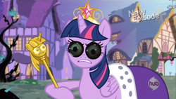 Size: 1280x720 | Tagged: safe, edit, edited screencap, screencap, twilight sparkle, alicorn, pony, g4, big crown thingy, black vine, blade runner, female, hub logo, mare, meme, new episode, special eyes, twilight scepter, twilight sparkle (alicorn)