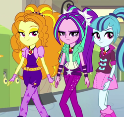 Size: 720x683 | Tagged: safe, screencap, adagio dazzle, aria blaze, sonata dusk, equestria girls, g4, rainbow rocks, canterlot high, gem, hallway, high ponytail, lidded eyes, lockers, long hair, looking at you, pigtails, ponytail, resting bitch face, siren gem, smiling, smirk, spiked wristband, the dazzlings, twintails, wristband