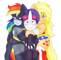 Size: 1700x1674 | Tagged: safe, artist:blackbewhite2k7, applejack, rainbow dash, rarity, g4, batman, catwoman, commission, female, lesbian, rarijackdash, ship:raridash, ship:rarijack, shipping, simple background, snuggling, transparent background, wonder woman