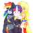 Size: 1700x1674 | Tagged: safe, artist:blackbewhite2k7, applejack, rainbow dash, rarity, g4, batman, catwoman, commission, female, lesbian, rarijackdash, ship:raridash, ship:rarijack, shipping, simple background, snuggling, transparent background, wonder woman