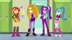 Size: 1280x720 | Tagged: safe, screencap, adagio dazzle, aria blaze, sonata dusk, sunset shimmer, equestria girls, g4, my little pony equestria girls: rainbow rocks, eyes on the prize, female, frown, gem, grin, lidded eyes, raised eyebrow, siren gem, smiling, the dazzlings, varying degrees of want, wide eyes