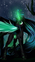 Size: 640x1136 | Tagged: safe, artist:vardastouch, edit, queen chrysalis, changeling, changeling queen, g4, cropped, female, glowing horn, horn, impossibly long hair, long hair, long mane, long tail, night, solo, stars