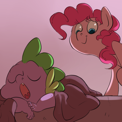 Size: 1024x1024 | Tagged: safe, artist:imsokyo, pinkie pie, spike, daily sleeping spike, g4, ask, eyes closed, open mouth, sleeping, smiling, snoring, soon, tumblr