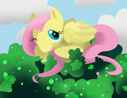 Size: 800x618 | Tagged: safe, artist:ghostlymuse, fluttershy, pegasus, pony, g4, cloud, female, folded wings, lying down, mare, one eye closed, prone, sky, solo, tree, wings