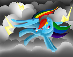 Size: 800x618 | Tagged: safe, artist:ghostlymuse, rainbow dash, pegasus, pony, g4, cloud, female, lightning, mare, sky, solo, spread wings, storm, tail, windswept tail, wings