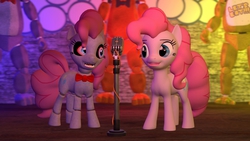 Size: 1366x768 | Tagged: safe, pinkie pie, earth pony, pony, robot, robot pony, five nights at aj's, g4, 3d, animatronic, bonnie (fnaf), chica, crossover, five nights at freddy's, five nights at pinkie's, freddy fazbear, gmod, microphone