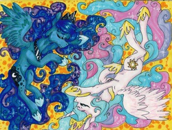 Size: 1251x945 | Tagged: safe, artist:theorderofalisikus, princess celestia, princess luna, alicorn, pony, g4, duality, female, mare, royal sisters, siblings, sisters, traditional art