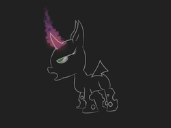 Size: 640x480 | Tagged: safe, artist:posipony, changeling, black background, curved horn, horn, lineart, magic, magic aura, open mouth, simple background, solo