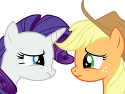 Size: 1024x768 | Tagged: safe, artist:birdivizer, applejack, rarity, g4, looking, nose wrinkle, sad, scrunchy face, ship:rarijack, shipping, upset