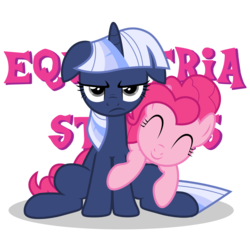 Size: 1029x963 | Tagged: safe, artist:estories, pinkie pie, oc, oc:silverlay, earth pony, original species, pony, umbra pony, g4, ^^, eyes closed, female, floppy ears, mare, recolor, simple background, transparent background