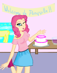 Size: 2542x3300 | Tagged: safe, artist:japanerd1, pinkie pie, human, g4, cake, clothes, high res, humanized, skirt