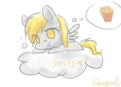 Size: 600x429 | Tagged: safe, artist:r-1629, derpy hooves, pegasus, pony, g4, cloud, female, mare, muffin, pixiv, solo, that pony sure does love muffins, thinking
