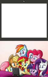 Size: 1458x2322 | Tagged: safe, applejack, fluttershy, pinkie pie, rainbow dash, rarity, sunset shimmer, twilight sparkle, alicorn, pony, g4, computer, exploitable meme, female, laptop computer, mane six, mare, meme, template, twilight sparkle (alicorn), what's on the laptop sunset?