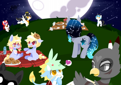 Size: 1201x850 | Tagged: safe, artist:snow angel, oc, oc only, oc:black ink, oc:snow angel, oc:starry, griffon, bell, bell collar, collar, cookie, digital art, heterochromia, interspecies offspring, mare in the moon, mid-autumn festival, moon, mooncake, picnic, pixiv