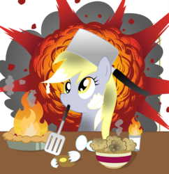 Size: 7945x8191 | Tagged: safe, artist:rainbownspeedash, derpy hooves, pegasus, pony, g4, absurd resolution, chef's hat, egg (food), explosion, female, fire, food, glass, hat, mare, mouth hold, muffin, pie, solo, spatula, this will end in tears and/or breakfast