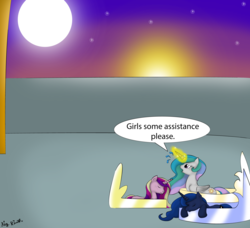 Size: 6040x5506 | Tagged: safe, artist:bigrinth, princess cadance, princess celestia, princess luna, g4, absurd resolution, eyes closed, hoof shoes, magic, micro, moon, prone, shrunk, shrunklestia, sleeping, sunrise, sweatdrops, tiny