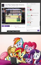 Size: 800x1274 | Tagged: safe, applejack, fluttershy, pinkie pie, rainbow dash, rarity, sunset shimmer, twilight sparkle, alicorn, pony, g4, computer, exploitable meme, female, laptop computer, mane six, mare, meme, twilight sparkle (alicorn), twitch plays pokémon, what's on the laptop sunset?