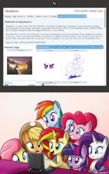 Size: 800x1274 | Tagged: safe, applejack, fluttershy, pinkie pie, rainbow dash, rarity, sunset shimmer, twilight sparkle, alicorn, pony, derpibooru, g4, computer, exploitable meme, female, laptop computer, mane six, mare, meme, meta, twilight sparkle (alicorn), what's on the laptop sunset?