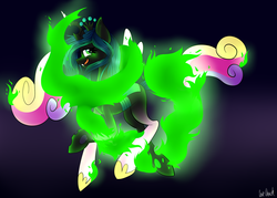 Size: 2100x1500 | Tagged: dead source, safe, artist:lexieskye, queen chrysalis, changeling, changeling queen, g4, disguise, disguised changeling, fake cadance, fangs, female, shapeshifting, simple background, smiling, solo