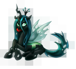 Size: 1711x1570 | Tagged: safe, artist:crispych0colate, queen chrysalis, changeling, changeling queen, g4, crown, fangs, female, heart, jewelry, mouth hold, prone, regalia, solo