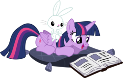 Size: 3986x2522 | Tagged: safe, artist:iscord, angel bunny, twilight sparkle, alicorn, pony, g4, book, cute, female, happy, high res, mare, open mouth, pillow, prone, reading, simple background, smiling, transparent background, twilight sparkle (alicorn), vector