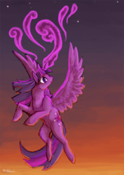 Size: 518x730 | Tagged: safe, artist:mongrelistic, twilight sparkle, alicorn, pony, g4, female, flying, magic, mare, sky, smiling, solo, spread wings, twilight sparkle (alicorn)
