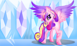 Size: 3979x2362 | Tagged: safe, artist:dianlie, princess cadance, g4, chest fluff, ear fluff, female, fluffy, high res, looking at you, messy mane, missing accessory, raised hoof, smiling, solo, spread wings