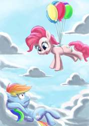 Size: 1488x2105 | Tagged: safe, artist:jayzonsketch, pinkie pie, rainbow dash, g4, balloon, cloud, cloudy, sky, then watch her balloons lift her up to the sky