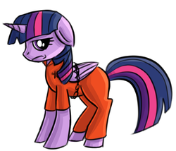 Size: 617x527 | Tagged: safe, artist:floopsythebunneh, twilight sparkle, alicorn, pony, g4, bound wings, clothes, female, mare, prison outfit, prisoner ts, solo, twilight sparkle (alicorn)