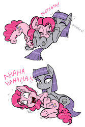 Size: 1000x1500 | Tagged: dead source, safe, artist:ichibangravity, maud pie, pinkie pie, earth pony, pony, g4, comic, cute, dialogue, diapinkes, duo, duo female, eyes closed, female, fluffy, laughing, mare, maudabetes, onomatopoeia, open mouth, raspberry, raspberry noise, sibling tickling, siblings, simple background, sisters, smiling, tickling, tummy buzz, unshorn fetlocks, when she smiles, white background