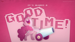 Size: 1920x1080 | Tagged: safe, artist:gratlofatic, artist:utterlyludicrous, edit, pinkie pie, g4, party cannon, quote, vector, wallpaper, wallpaper edit