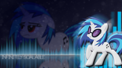 Size: 1920x1080 | Tagged: safe, artist:x3demonomega, dj pon-3, vinyl scratch, pony, unicorn, g4, cutie mark, female, floppy ears, hooves, horn, mare, smiling, solo, sunglasses, teeth, text, vector, vinyl's glasses, wallpaper