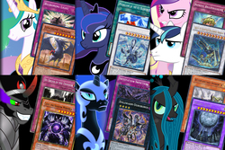 Size: 1200x800 | Tagged: safe, king sombra, nightmare moon, princess cadance, princess celestia, princess luna, queen chrysalis, shining armor, g4, yu-gi-oh!