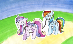 Size: 1000x607 | Tagged: safe, artist:disasterthehedgehog, princess cadance, rainbow dash, g4, cadash, collar, embarrassed, female, grass, happy, leash, lesbian, mouth hold, pet play, shipping, smiling