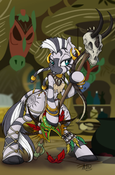 Size: 656x1000 | Tagged: safe, artist:dfectivedvice, artist:longren, color edit, edit, zecora, zebra, semi-anthro, g4, arm hooves, bipedal, colored, ear fluff, earring, female, jewelry, loincloth, mask, solo, staff, tribal, zecora's hut
