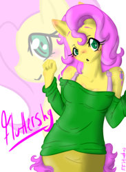 Size: 803x1098 | Tagged: safe, artist:fiji-firefox, fluttershy, pegasus, anthro, g4, bra strap, clothes, cutie mark, female, off shoulder, skirt, solo, sweater, sweatershy