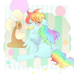 Size: 1000x1000 | Tagged: safe, artist:pukapukapu, rainbow dash, pegasus, pony, g4, cute, dashabetes, eating, fan, female, heat, hot, ice cream, looking at you, looking back, mare, messy mane, one eye closed, open mouth, popsicle, sitting, solo, spread legs, spread wings, sweat, tired, windswept mane