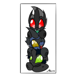 Size: 586x586 | Tagged: safe, artist:srmario, oc, oc only, oc:reinflak, changeling, changeling oc, green changeling, green eyes, laughing, red changeling, red eyes, simple background, traffic light, white background, yellow changeling, yellow eyes