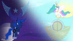 Size: 1100x619 | Tagged: safe, artist:srmario, princess celestia, princess luna, alicorn, pony, g4, civil war, equestrian civil war, female, happy face, lunar republic, mare, moon, royal sisters, siblings, sisters, solar empire, sun, sun vs moon, wallpaper, war