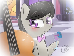 Size: 2048x1536 | Tagged: safe, artist:rockarboom, octavia melody, g4, blushing, cello, cutie mark, drink, female, hoof hold, looking at you, musical instrument, piano, solo