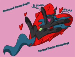 Size: 800x609 | Tagged: safe, artist:srmario, queen chrysalis, changeling, g4, eyes closed, happy, heart, laughing, nose in the air, sliding, valentine's day