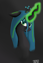 Size: 810x1200 | Tagged: safe, artist:nevera573, queen chrysalis, changeling, changeling queen, g4, fangs, female, floppy ears, magic, simple background, smiling, solo