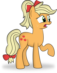 Size: 2000x2556 | Tagged: safe, artist:notlikelyanartist, applejack, g4, alternate hairstyle, bow, female, hair bow, high ponytail, high res, ponytail, solo