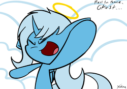 Size: 1024x717 | Tagged: safe, artist:xodiaq, trixie, pony, unicorn, g4, cloud, eyes closed, female, halo, open mouth, rest in peace, solo, stoned trixie, tribute