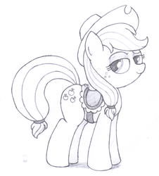 Size: 1880x2079 | Tagged: safe, artist:an-tonio, applejack, g4, cute, female, monochrome, saddle, solo, traditional art